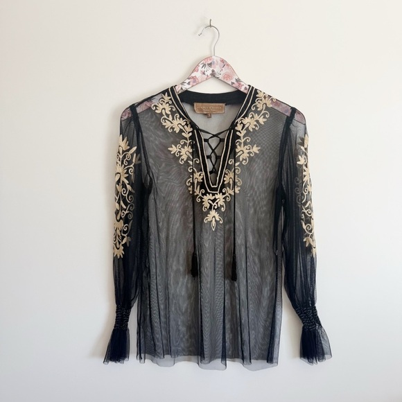 DOUBLE D RANCH Black Mesh Embroidered Lace Up Top Blouse Women’s S Small - Picture 1 of 9